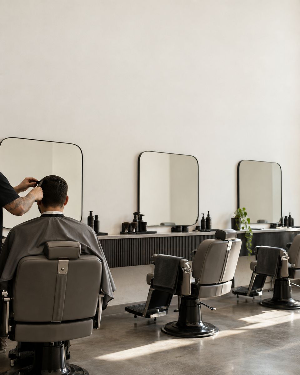 Barbearia clara, com um barbeiro atendendo um cliente e duas cadeiras vazias ao lado.