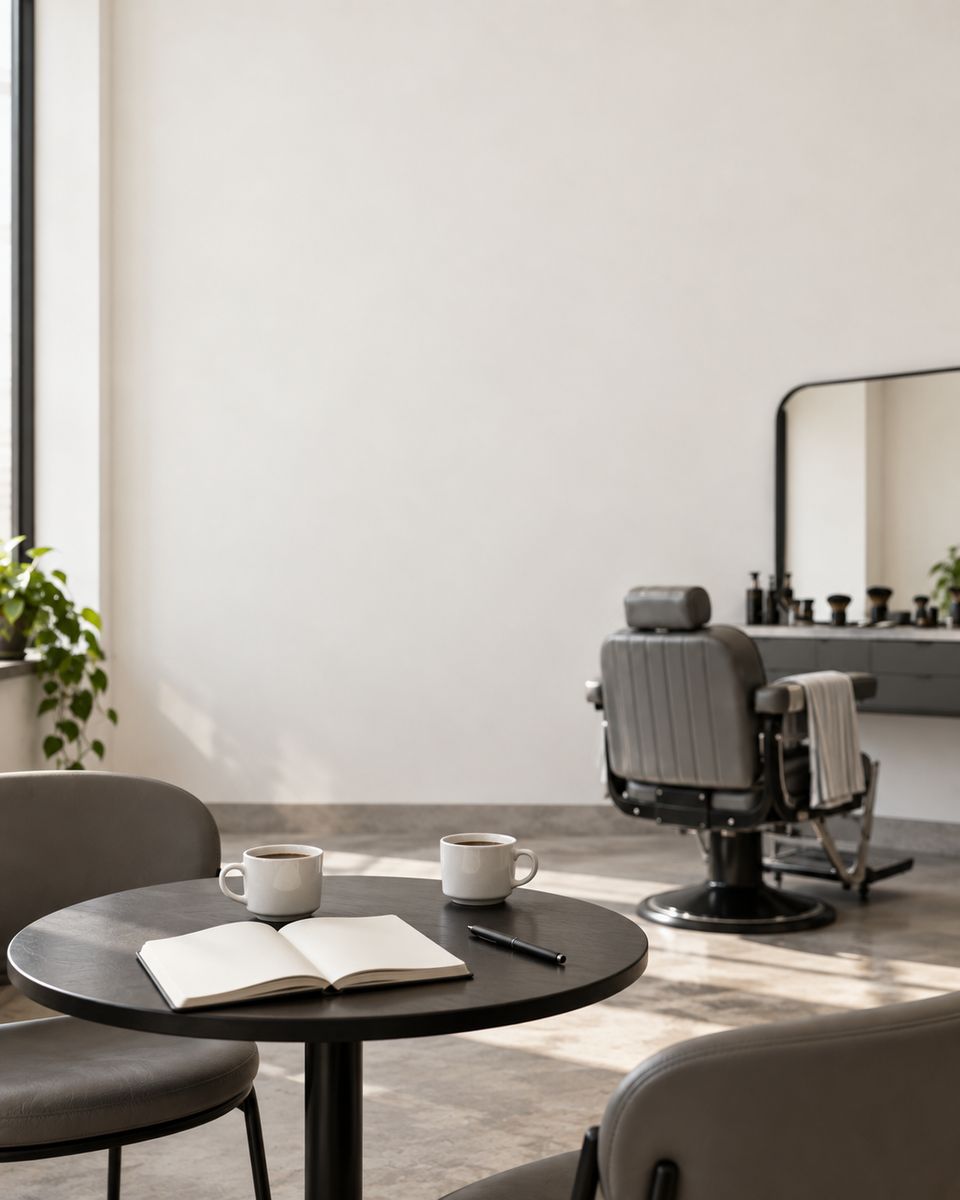 Mesa redonda dentro da barbearia, com duas xícaras de café e um caderno aberto.