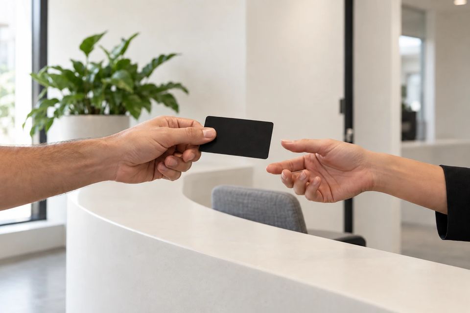 No balcão da barbearia, uma mão entrega um cartão de voucher pra outra pessoa.